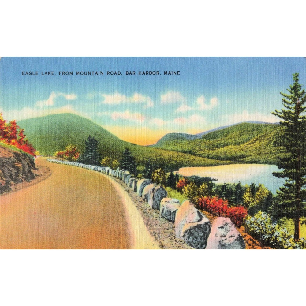Eagle Lake Mountain Road Bar Harbor Maine ME Scenic Linen Postcard c1940